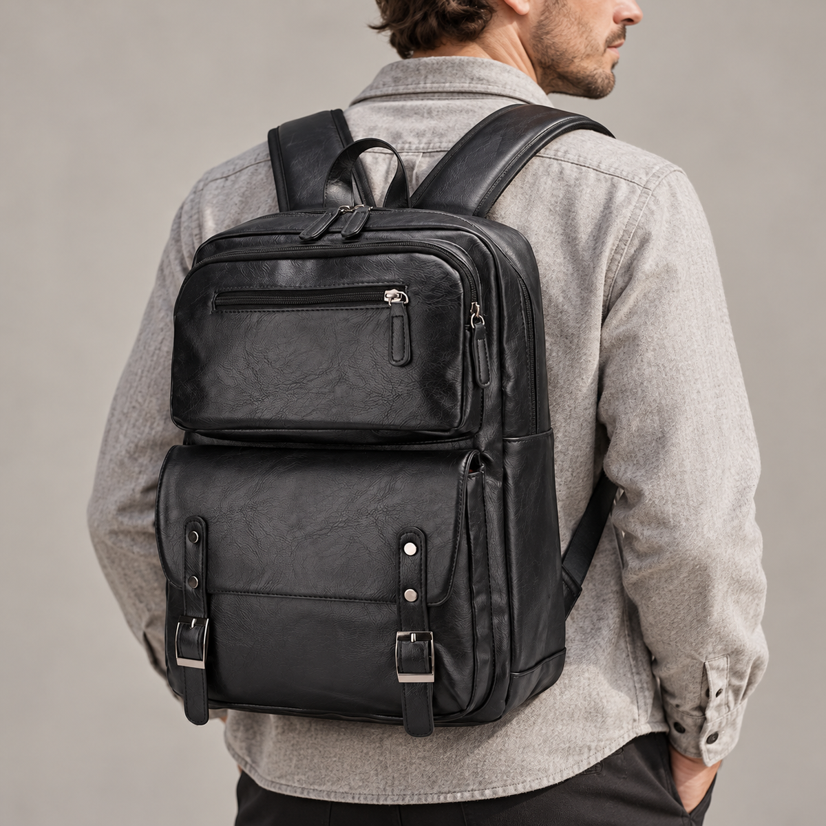 Laptoprucksack in Lederoptik mit Frontklappe – 8685 – von einem Mann getragen oder gehalten, ergänzende Inszenierung