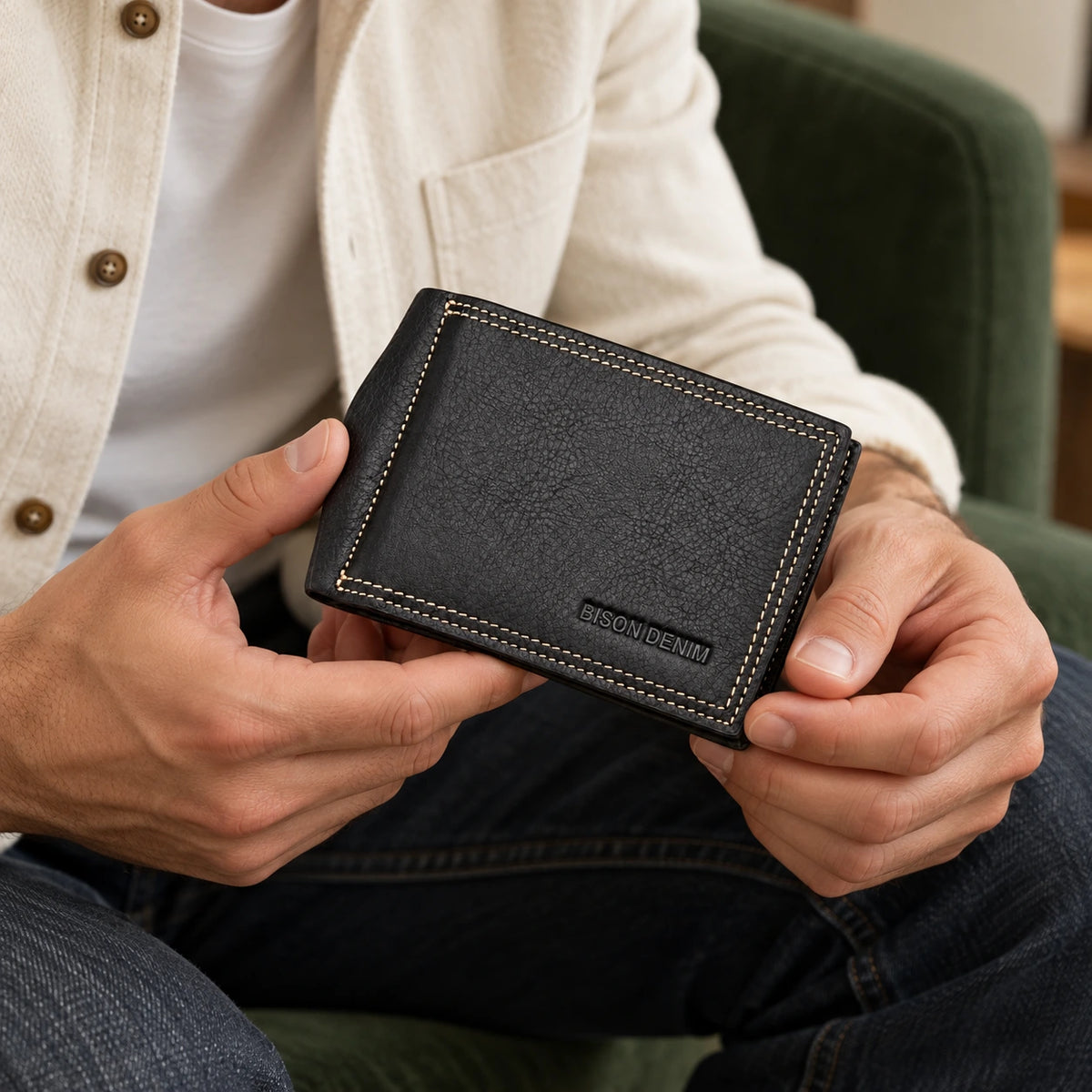 BISON DENIM W9348 – Herren-Geldbörse mit Münzfach – ergänzende KI-Kampagnenaufnahme mit einem Mann, der das Produkt hält.