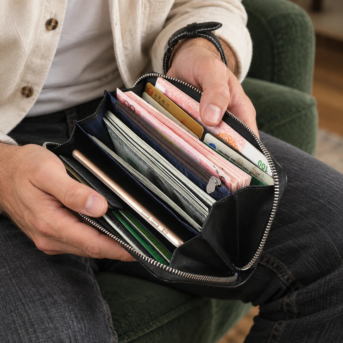 BISON DENIM N8150 – Lange Herren-Geldbörse – ergänzende KI-Kampagnenaufnahme mit einem Mann, der das Produkt hält.