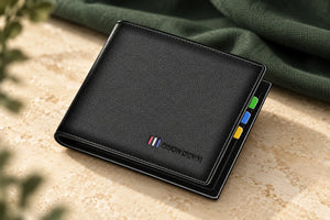 BISON DENIM N447 – Herren-Geldbörse im Bifold-Format in einer ergänzenden, KI-bearbeiteten Szene; Inhalte und Dekoration nicht enthalten.