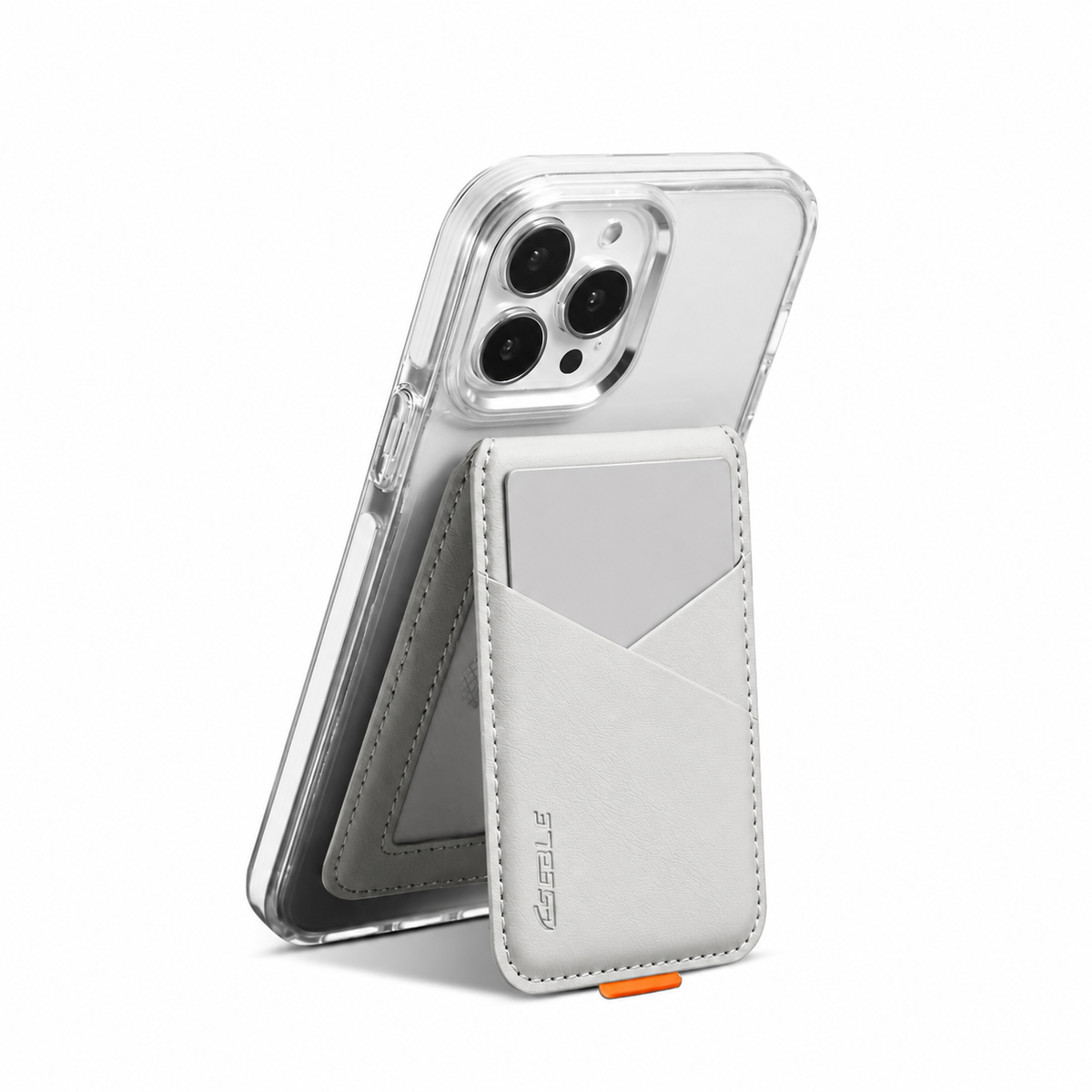 Magnetischer Smartphone-Kartenhalter mit Klappständer – Grauweiß – Produktdetail oder ergänzende Inszenierung