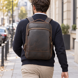 Laptoprucksack aus Rindsleder – Kaffeebraun – M-804 – getragen oder gehalten