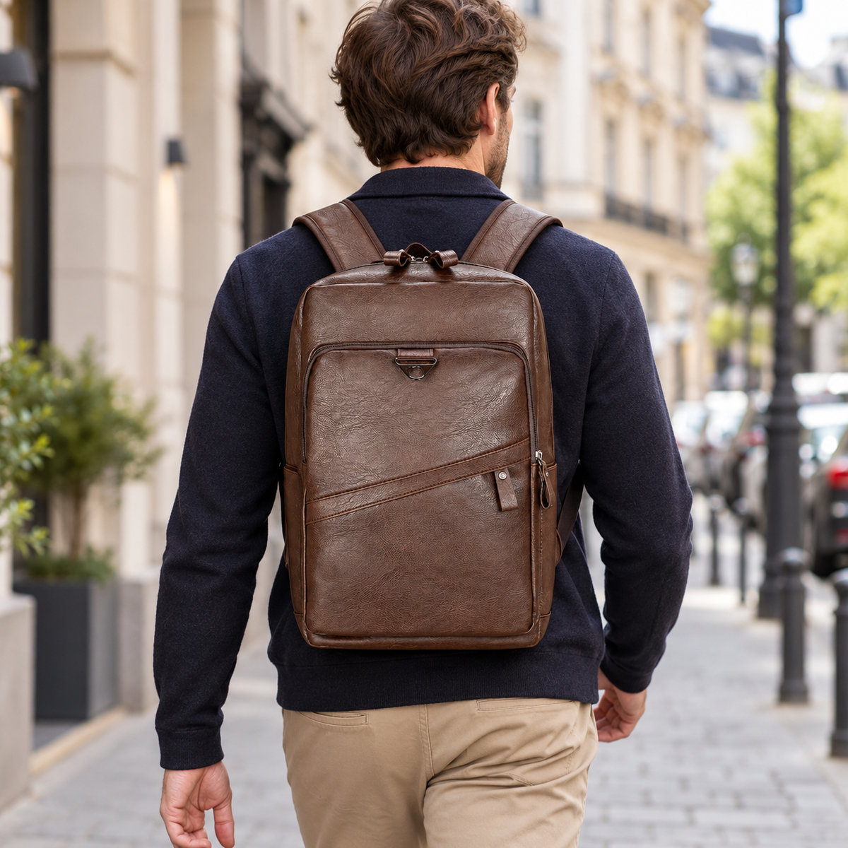 Laptoprucksack Herren mit Frontreißverschluss – Dunkelbraun – von einem Mann getragen oder gehalten, ergänzende Inszenierung