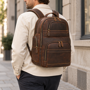 Großer Laptoprucksack Herren aus Leder – Braun – Produktansicht