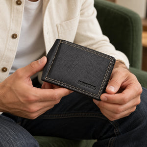 BISON DENIM W9348 – Herren-Geldbörse mit Münzfach – ergänzende KI-Kampagnenaufnahme mit einem Mann, der das Produkt hält.