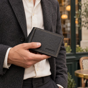BISON DENIM W9348 – Herren-Geldbörse mit Münzfach – ergänzende KI-Kampagnenaufnahme mit einem Mann, der das Produkt hält.