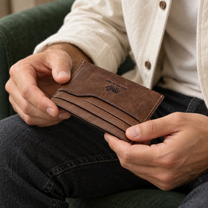 BISON DENIM W9315 – Kompakte Herren-Geldbörse – ergänzende KI-Kampagnenaufnahme mit einem Mann, der das Produkt hält.