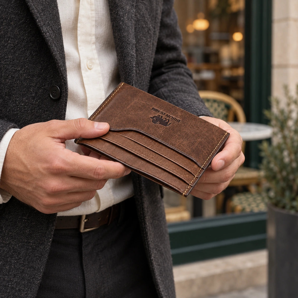BISON DENIM W9315 – Kompakte Herren-Geldbörse – ergänzende KI-Kampagnenaufnahme mit einem Mann, der das Produkt hält.