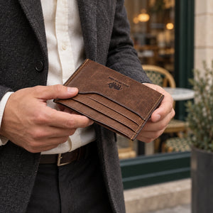 BISON DENIM W9315 – Kompakte Herren-Geldbörse – ergänzende KI-Kampagnenaufnahme mit einem Mann, der das Produkt hält.