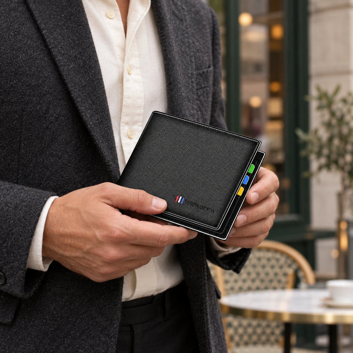 BISON DENIM N447 – Herren-Geldbörse im Bifold-Format – ergänzende KI-Kampagnenaufnahme mit einem Mann, der das Produkt hält.