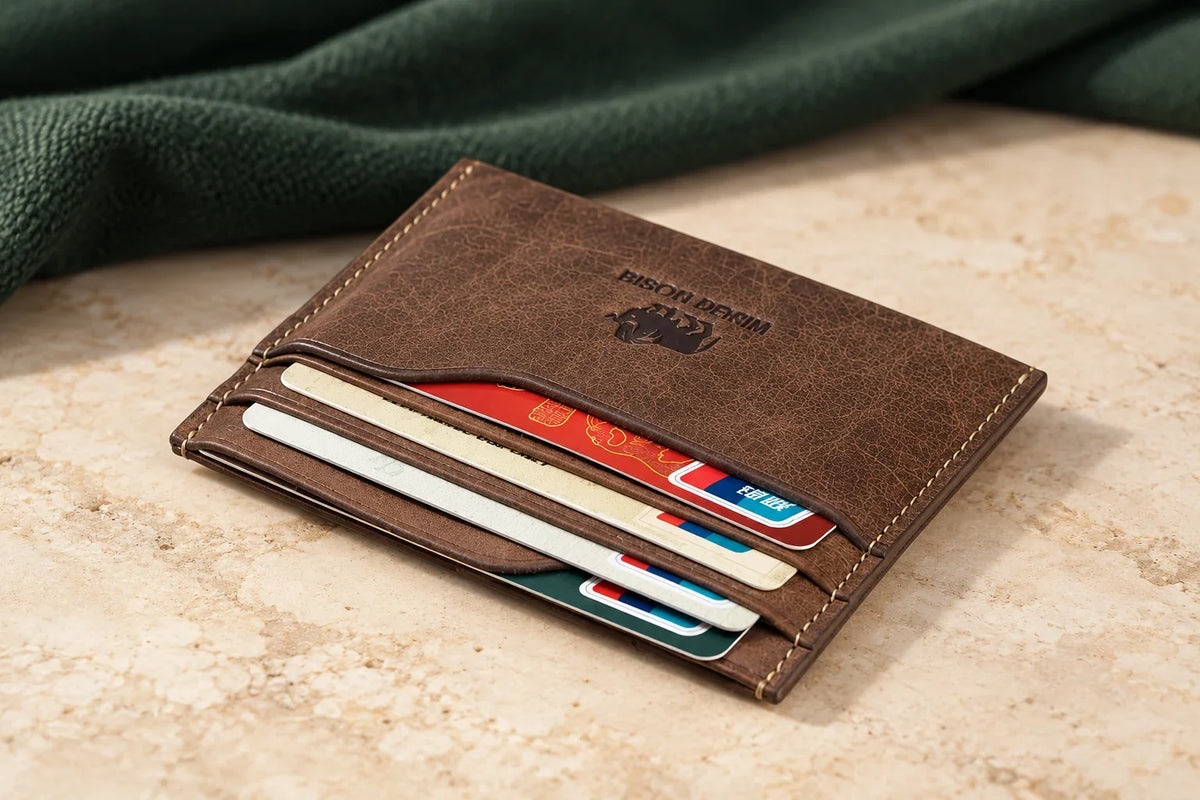 BISON DENIM W9315 – Kompakte Herren-Geldbörse in einer ergänzenden, KI-bearbeiteten Szene; Inhalte und Dekoration nicht enthalten.