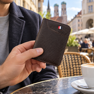 Schmales Kartenetui mit 9 Kartenfächern – Kaffeebraun – von einem Mann getragen oder gehalten, ergänzende Inszenierung