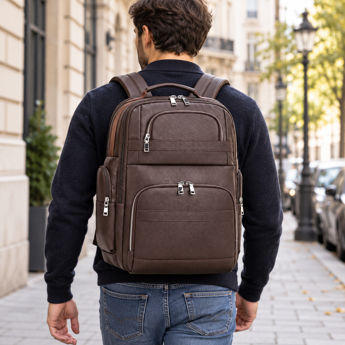 Großer Laptoprucksack Herren aus Leder – Kaffeebraun – von einem Mann getragen oder gehalten, ergänzende Inszenierung