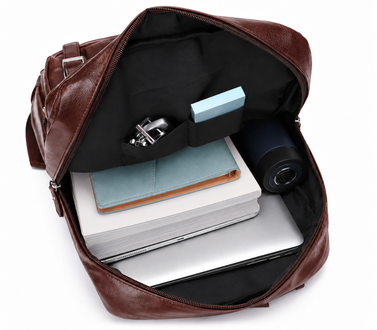 Laptoprucksack in Lederoptik mit Frontklappe 8685 – Braun – Innenraum mit neutralen Gegenständen