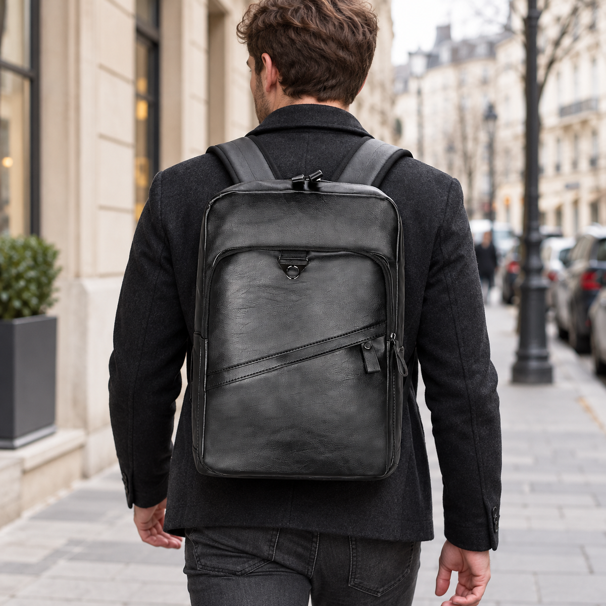 Laptoprucksack Herren mit Frontreißverschluss – Schwarz – von einem Mann getragen oder gehalten, ergänzende Inszenierung